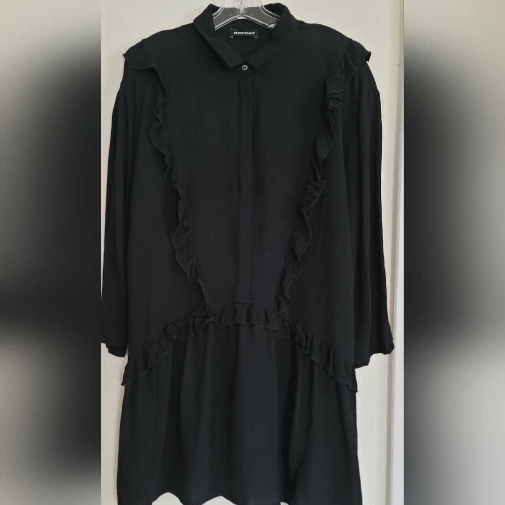 Repeat Cashmere Shirt Dress Black Ruffle Mini Womens Size 42/Medium Crepe